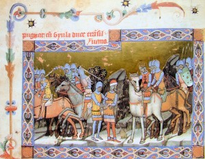Cronica pictată de la Viena: regele Ștefan îl capturează în 1003 pe Geula cel Tânăr.