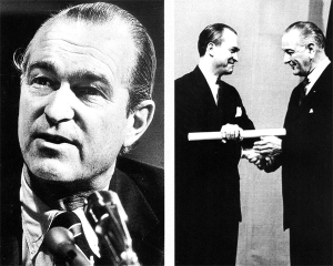 Richard Helms in fata comisiei senatoriale in 1973 (stanga) si la investirea sa ca director CIA de catre presedintele Lyndon B. Jhonson in 1966 (dreapta)